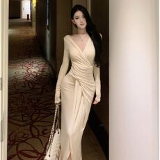 批发气质V领长袖<b class='q'>连衣裙</b>收腰显瘦开叉包臀长裙女礼服裙气质绝美长裙