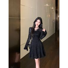 批发高级感黑色蕾丝裙连衣裙女2026秋冬新款<b class='q'>大码</b>胖mm内搭打底裙小黑裙