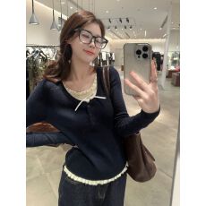 批发假两件大码蕾丝U领显瘦正肩T恤女秋季款蝴蝶结长袖上衣内搭打底衫
