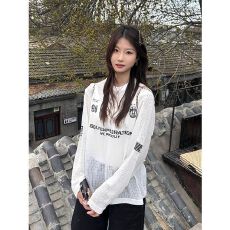 批发镂空针织罩衫女春夏新款字母印花圆领长袖休闲<b class='q'>宽松</b>慵懒感上衣