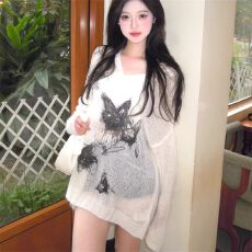 批发美式长袖t恤女毛衣新款涂鸦蝴蝶慵懒风镂空<b class='q'>针织衫</b><b class='q'>宽松</b>罩衫上衣潮