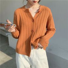 批发秋冬新款复古风毛衣宽松长坑条开衫外套上衣女<b class='q'>短</b>款小个子纯色