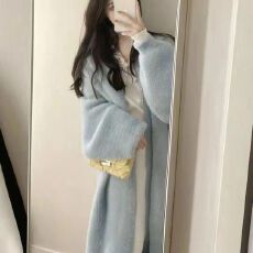 批发仿貂锦纶毛衣外套开衫仿貂绒中长款宽松慵懒针织女冬