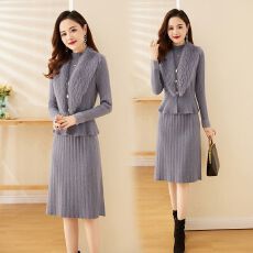 批发精致<b class='q'>连衣裙</b>女春秋新款修身气质名媛时尚针织马甲毛衣裙套装