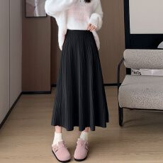 批发秋<b class='q'>冬</b>新款针织半身裙女中长款高腰轻熟A字裙毛线百褶裙长裙子