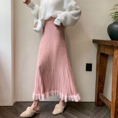 批发针织半身裙子女秋<b class='q'>冬</b>新款高腰遮胯针织裙中长款木耳边百褶裙