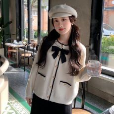 批发马西西微胖大码小香风蝴蝶结毛衣外套开<b class='q'>衫</b>女春季宽松显瘦<b class='q'>针织</b>上衣