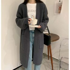 批发加厚粗毛线中长款针织开衫女年韩版慵懒风大口袋宽松百搭外套