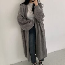 批发日系复古<b class='q'>宽松</b>外穿长款毛衣女外套慵懒风灯笼袖网红款针织开衫
