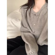 批发格雷系灰色针织开衫女软糯针织<b class='q'>宽松</b>百搭毛衣短款外套外搭上衣