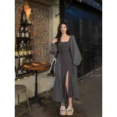 批发中长款大风衣连帽针织女开衫外套<b class='q'>春</b>秋款外搭上衣宽松毛衣外穿别致