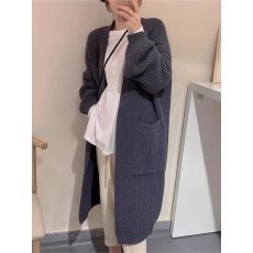 批发秋冬季新款韩版百搭慵懒风口袋过膝毛衣中长款<b class='q'>针织</b><b class='q'>开衫</b>风衣潮