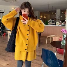 批发吴童童纯色高领长袖针织毛衣外套女秋冬韩系慵懒宽松软糯开衫上衣