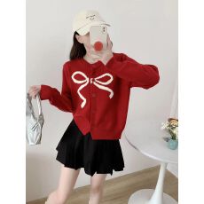 批发韩系小个子<b class='q'>短</b>款蝴蝶结提花针织开衫女早秋新款学院风百搭毛衣外套