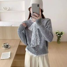 批发温柔风<b class='q'>蕾丝</b>花边毛衣外套女秋冬新款甜美蝴蝶结针织衫