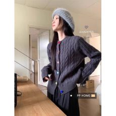 批发复古麻花毛衣<b class='q'>外套女</b>装宽松针织开衫<b class='q'>短</b>款长袖上衣