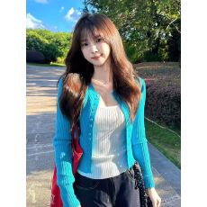 批发韩系蓝色<b class='q'>开衫</b><b class='q'>针织</b>衫女松弛感短款百搭长袖上衣