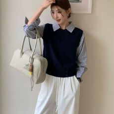 批发韩系穿搭针织拼接假两件条纹衬衫<b class='q'>女</b>装2026新款早秋上衣设计感小众