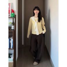 批发韩系黄色披肩长袖针织开衫春季休闲百搭修身上衣