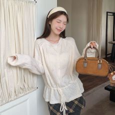 批发新款温柔小众钩花镂空上衣<b class='q'>女</b>韩系抽绳设计感长袖小衫ins