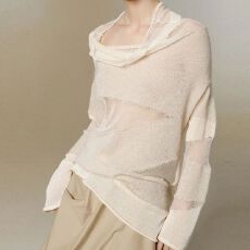 批发新款网纱拼接高领宽松镂空针织衫<b class='q'>女</b>薄款毛衣上…