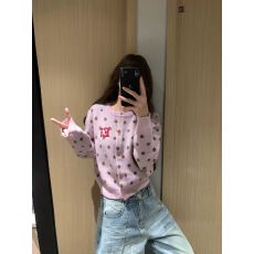 批发韩系甜美波点圆领针织开衫春季新款<b class='q'>女装</b>慵懒<b class='q'>休闲</b>复古短款毛衣外套