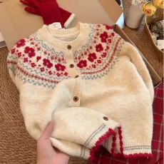 批发费尔岛高级感加厚新年穿搭毛衣<b class='q'>外套女</b>秋冬季外穿宽松针织开衫上衣