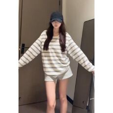 批发美式复古撞色条纹长袖<b class='q'>T</b><b class='q'>恤</b>女早秋季新款宽松防晒罩衫