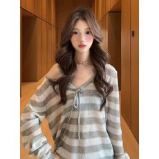 批发撞色条纹抽绳长袖<b class='q'>针织衫</b>女夏季薄款外搭宽松显瘦防晒空调罩衫上衣