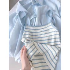 批发蓝色条纹冰丝针织吊带背心女夏外穿配<b class='q'>衬衫</b>的内搭超好看多巴胺上衣