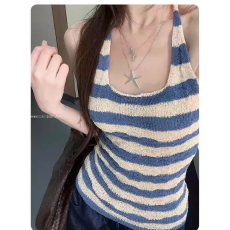 批发【海盐凉风】吊带背心夏冰丝露背<b class='q'>条纹</b>挂脖修身薄款上衣