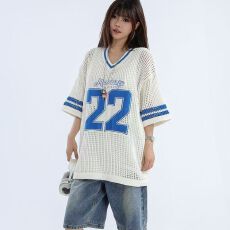 批发夏季 美式<b class='q'>街头</b>辣妹男女同款薄款镂空冰丝针织宽松短袖T恤