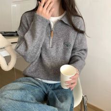 批发拉链复古针织<b class='q'>毛衣</b>女秋冬季polo翻领休闲慵懒风内搭打底衫加厚上衣