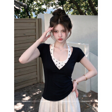 批发【260克 人棉1*1<b class='q'>莫代尔</b>】假两件短袖T恤女夏波点韩系设计漂亮上衣