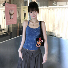 批发【230克40支1*1精梳紧密95棉】波点蓝色吊带<b class='q'>背心</b>无<b class='q'>袖</b>修身美背上衣