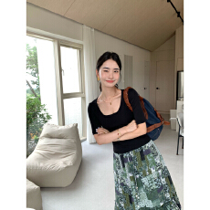 批发【260克人棉1*1莫代尔】方领中<b class='q'>袖</b>短<b class='q'>袖</b>T恤薄款修身正肩五分<b class='q'>袖</b><b class='q'>上衣</b>