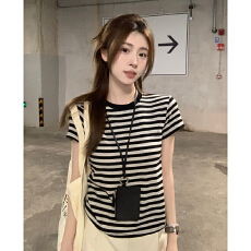 批发【广州布料 240克彩棉】条纹短袖T恤女2026夏新休闲百搭撞色上衣