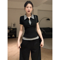 批发【260克人棉1*1精梳紧密95棉】学院风假两件<b class='q'>翻领</b>短袖<b class='q'>T</b><b class='q'>恤</b>女新上衣