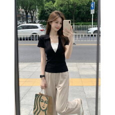批发【260克人棉1*1莫代尔】黑色假两件v领polo衫正肩短袖t恤女夏上衣