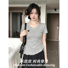 批发【230克40支1*1精梳紧密95棉】蝴蝶结V领<b class='q'>短袖</b>T恤女夏季新显瘦上衣