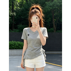 批发【230克40支1*1精梳紧密95棉】<b class='q'>短袖</b>t恤女装新款蝴蝶结显瘦V领上衣