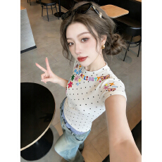 批发【230克罗纹1*1精梳紧密95棉】白色波点涂鸦花朵<b class='q'>短袖</b>T恤女夏上衣