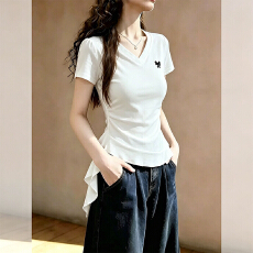 批发【230克40支1*1精梳紧密95棉】<b class='q'>短袖</b>T恤女2026新款V领褶皱收腰上衣
