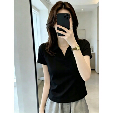 批发【230克40支1*1精梳紧密95棉】黑色polo领<b class='q'>短袖</b>t恤女2026年新上衣