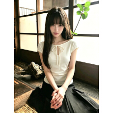 批发【230克40支1*1精梳紧密95棉】系带<b class='q'>短袖</b>T恤女夏辣妹<b class='q'>修身</b>正肩上衣