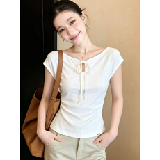 批发【230克40支1*1精梳紧密95棉】设计感绑带<b class='q'>短袖</b>t恤女夏款掐腰上衣