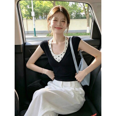批发【260克人棉1*1莫代尔】韩系波点假两件挂脖T恤女新款巨好看上衣