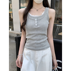 260克莫代尔蕾丝吊带假两件工字背心女夏季外穿修身纽扣上衣