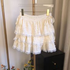 批发夏季甜美奶黄色半身群女设计感<b class='q'>蕾丝</b>中腰蓬蓬裙蛋糕裙