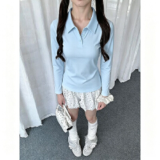 230克40支92棉纯色长袖纽扣女秋季新款设计翻领显瘦JK制服T恤